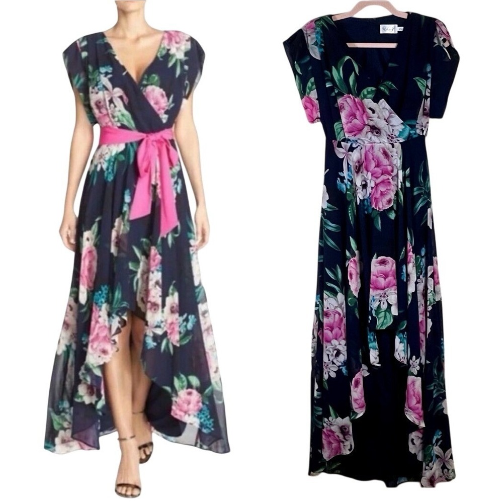 Eliza J Navy Blue Floral High-Low Maxi Dress 2 Short Sleeve V-Neck Flowy